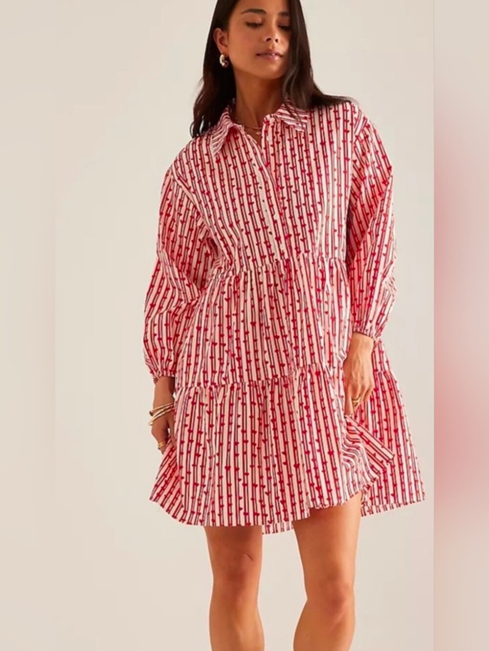MAEVE Anthropologie Heart Striped Red & White Tiered Shirt Dress Sz Medium